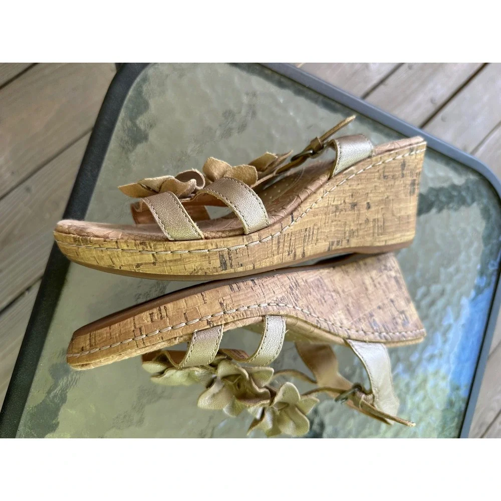 BOC Gold Flower Wedge‎ Sandals Ankle Strap Cork Heel Summer Shoes 8